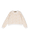 Balmain Ivory Sweater With All-over Golden Logo In Bianco