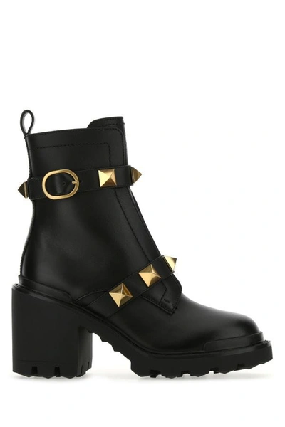 Valentino Garavani Roman Stud Almond Toe Ankle Boots In Black