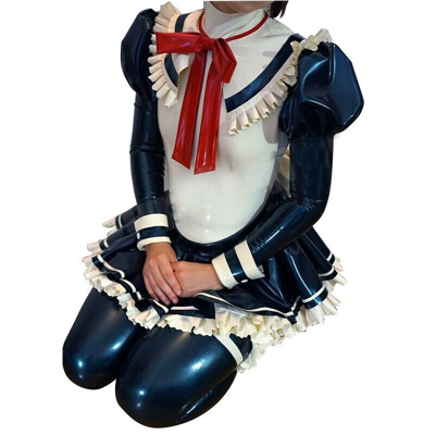 Pre-owned Handmade Latex Catsuit Rubber Maid Uniform Dress Black With White Trim Tie Bowknot Corset