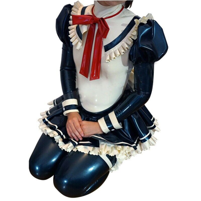 Handmade Latex Catsuit Rubber Maid Uniform Dress Black With White Trim Tie Bowknot Corset