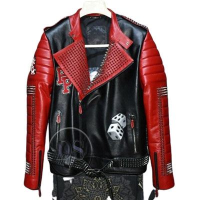 Handmade Men's Red & Black Genuine Leather Silver Studded Fashion Stylish Jacket In Same As Shown In Picture