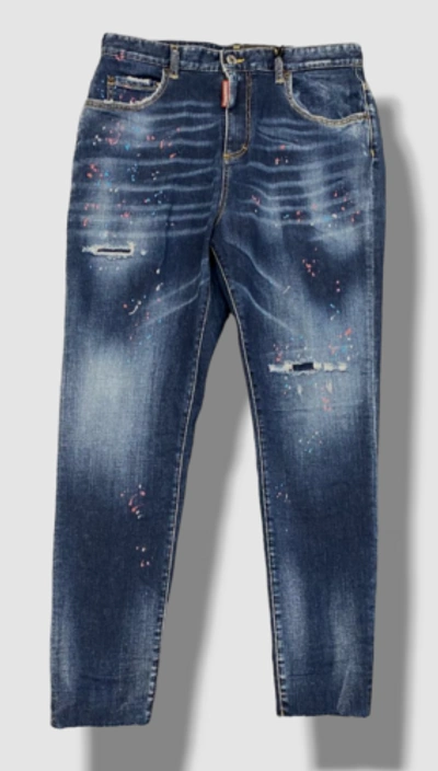 Pre-owned Dsquared2 $820  Women's Blue Splatter Distressed Twiggy Jeans Pants Sz It48/us12