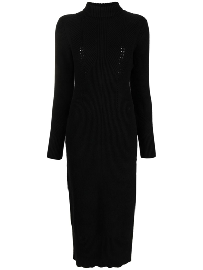 Patrizia Pepe Long-sleeve Ribbed-knit Midi Dress In Black