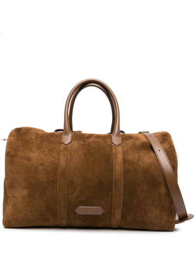Tom Ford Logo-patch Suede Duffle Bag In Brown