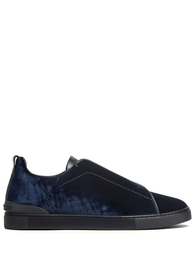 Zegna Velvet-effect Low-top Sneakers In Navy Blue
