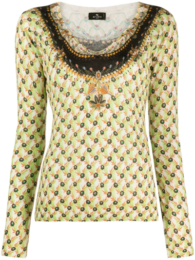 Etro Cashmere Micro-floral Knit Top In Green