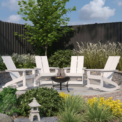 Merrick Lane Wellington 5 Piece Outdoor Set With 4 White Modern Adirondack Rocking Chairs & Wood Burning Fire Pit