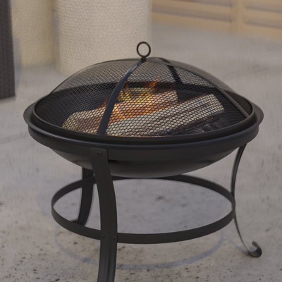 Merrick Lane Bunyan Fire Pit Outdoor Wood Burning Round Iron 22" Fire Pit For Patio, Backyard, Camping, Picnics W In Black