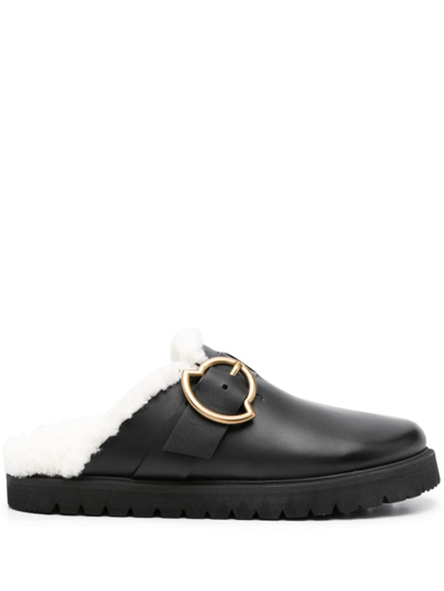 Moncler Bell Leather Logo Emblem Mules In Nero