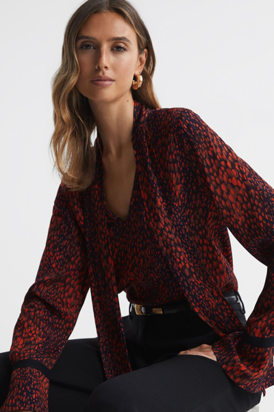 Reiss Phillipa - Red Animal Print Neck Tie Blouse, Us 2