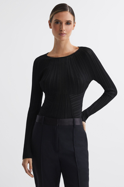Reiss Lenni - Black Sheer Knitted Long Sleeve Top, M