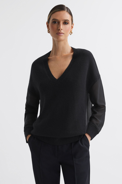 Reiss Womens Black Shelly Semi-sheer Panel Wool-blend Jumper