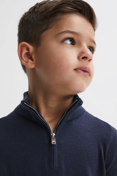 Reiss Blackhall - Eclipse Blue Junior Slim Fit Merino Wool Zip Neck Jumper, Age 8-9 Years