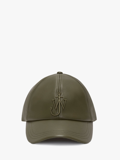 Jw Anderson Leather Baseball Cap With Anchor Logo In Green