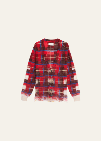 Maison Margiela Mohair Plaid Cardigan With Mesh Inset Details In Red