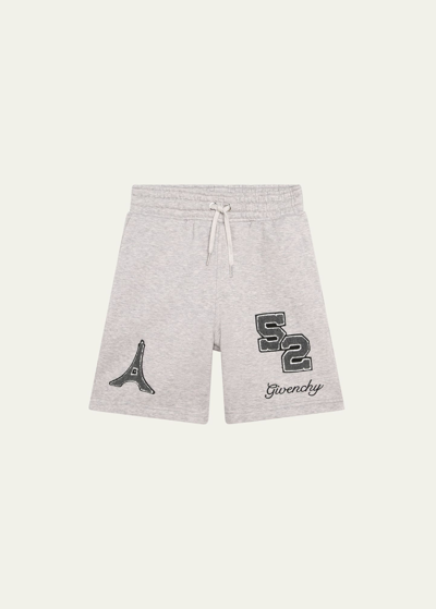 Givenchy Kids' Boy's Logo-print Embroidered Graphic Shorts In A01-grey Marl