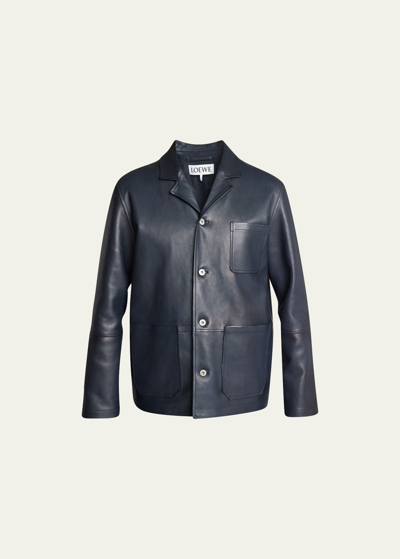 Loewe Men's Napa Leather Anagram Workwear Jacket In Dark Navy