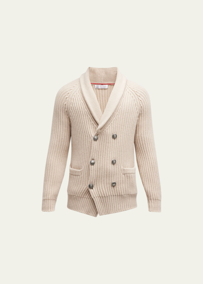 Brunello Cucinelli Men's Hollywood Glamour Cashmere Double-breasted Cardigan In Sand
