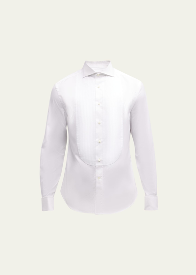 Brunello Cucinelli Men's Hollywood Glamour Sea Island Cotton Pleated Bib Dress Shirt In White