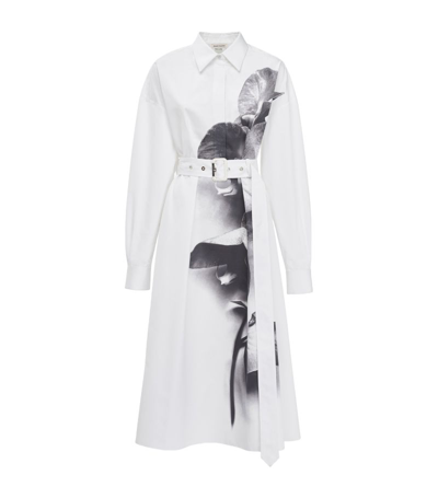 Alexander Mcqueen Orchid Print Cotton Long Dress In White/black