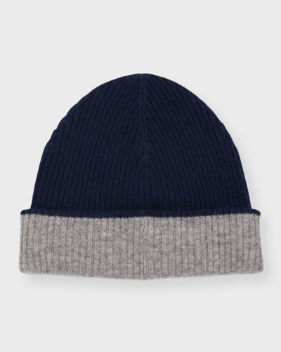 Neiman Marcus Men's Double-face Cashmere Beanie Hat In Blue/gray