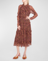 Ulla Johnson Idalia Metallic Thread Floral Long Sleeve Silk Dress In Pomegranate