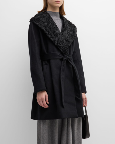 Sofia Cashmere Cashmere Belted Wrap Coat With Curly Shearling Collar In Black
