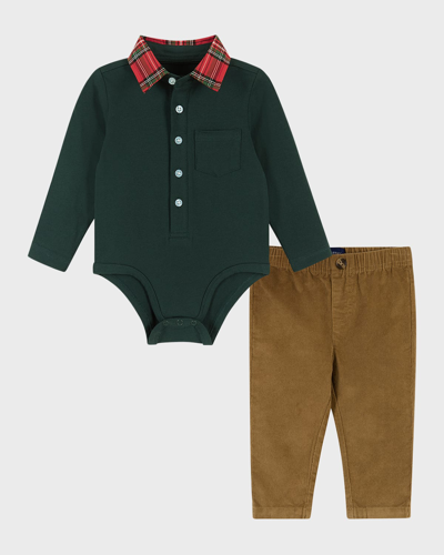 Andy & Evan Kids' Boy's Hunter Holiday Polo Bodysuit & Pants Set In Hunter Green
