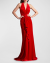Tadashi Shoji Sleeveless Twist-front Ruffle Velvet Gown In Geranium