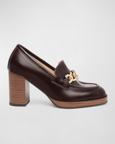 Nerogiardini Leather Chain Heeled Loafers In Dark Brown