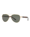 Tory Burch Polarized Metal Aviator Sunglasses In Shiny Light Gold Metal,dk Green Polar