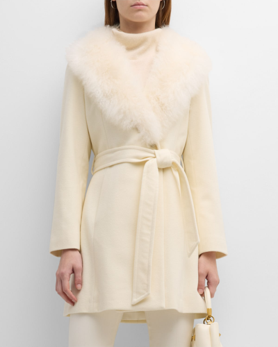 Sofia Cashmere Cashmere Blend Belted Wrap Coat With Shearling Collar In White