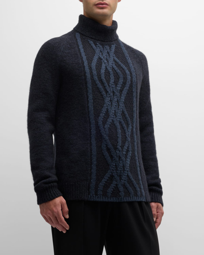 Giorgio Armani Men's Two-tone Cable Turtleneck Sweater In Solid Dark Blue