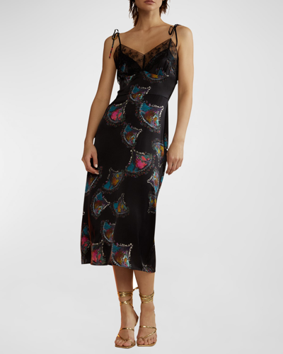 Cynthia Rowley Lace-trim Abstract-print Silk Midi Slip Dress In Black