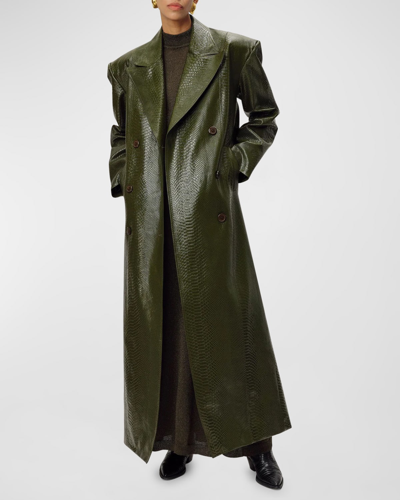 Ronny Kobo Roxton Faux Croc Leather Trench Coat In Dark Olive