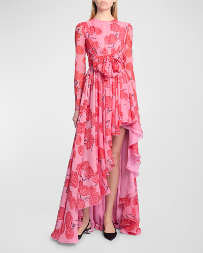 Giambattista Valli Floral-print Bow Long-sleeve Side-slit Silk Gown In Pink