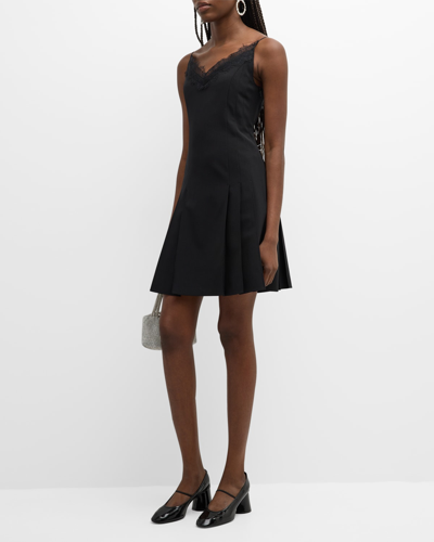 Adeam Punk Lace V-neck Pleated Mini Cami Dress In Black