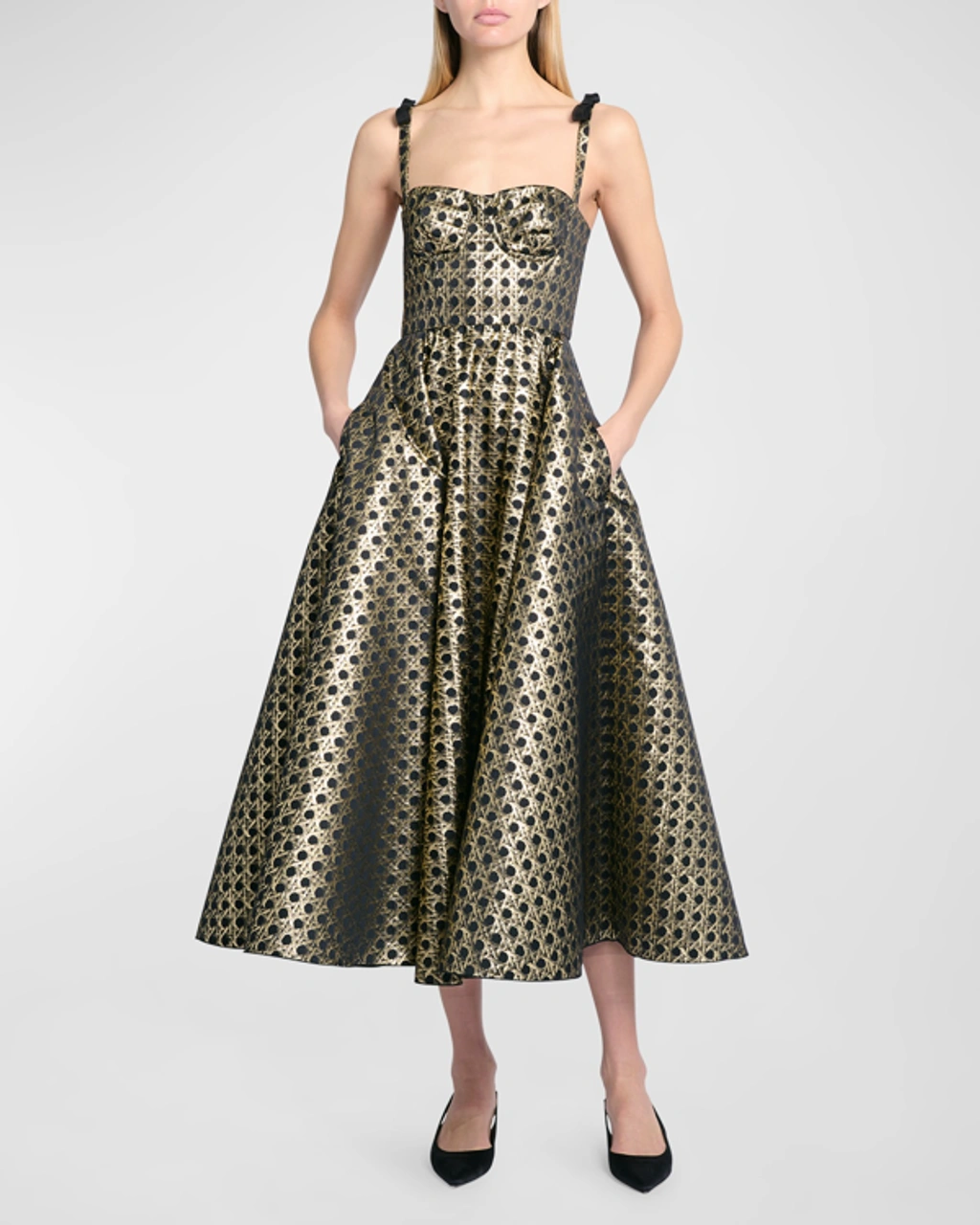 Giambattista Valli Lurex Jacquard Bustier Midi Dress In Black Gold