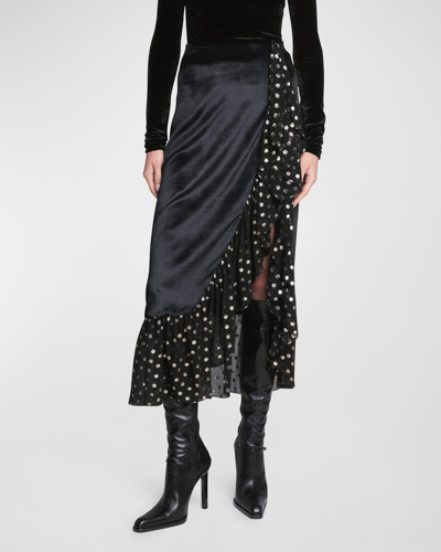 Saint Laurent Metallic Polka-dot Ruffle Midi Skirt In Black