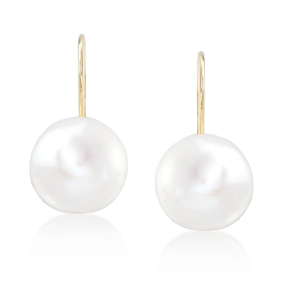 Ross-simons 10-11mm Cultured Button Pearl Drop Earrings In 14kt Yellow Gold In White
