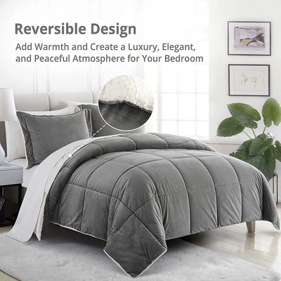 Peace Nest 3pc Sherpa Reversible Down Alternative Comforter Set Winter Warm In Grey