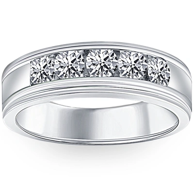 Pompeii3 1 Ct Mens Diamond 5-stone Wedding Ring Channel Set Classic Ring 10k White Gold In Metallic