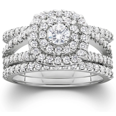 Pompeii3 1 1/4 Ct Three Ring Diamond Cushion Halo Engagement Wedding Band Set White Gold In Multi