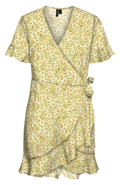 Vero Moda Henna Frill Wrap Dress In Yellow Hollow/ Birch