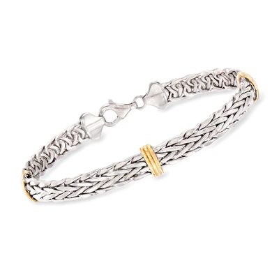 Ross-simons Sterling Silver And 14kt Yellow Gold Wheat Bracelet In White