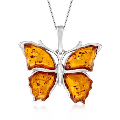 Ross-simons Amber Butterfly Pendant Necklace In Sterling Silver In Orange