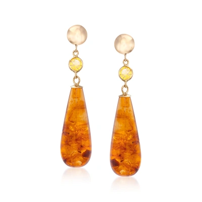 Ross-simons Amber Teardrop Earrings With Citrine Accents In 14kt Yellow Gold In Orange