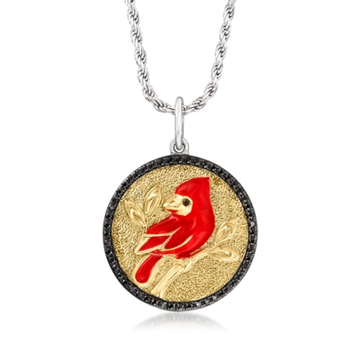 Ross-simons Black Spinel And Red Enamel Cardinal Medallion Pendant Necklace In 2-tone Sterling Silver
