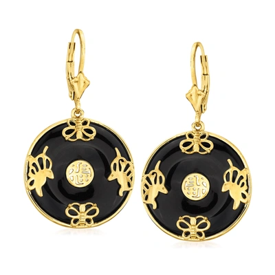 Ross-simons Jade "good Fortune" Butterfly Drop Earrings In 18kt Gold Over Sterling In Black