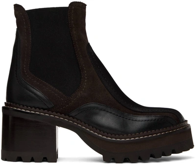 SEE BY CHLOÉ WOMEN'S BLOCK HEELED LEATHER SUEDE BOOTIES IN BLACK